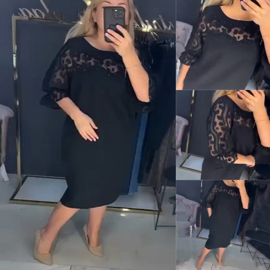 Women’s Elegant Black Midi Dress with Sheer Lace Panel