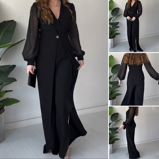 V-neck Long Sleeve Slit Maxi Dress