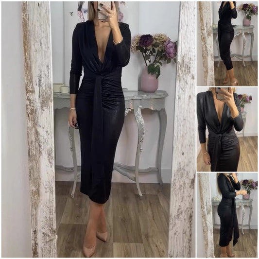 Women’s Metallic Long-Sleeve Tie-Up V-Neck Bodycon Dress