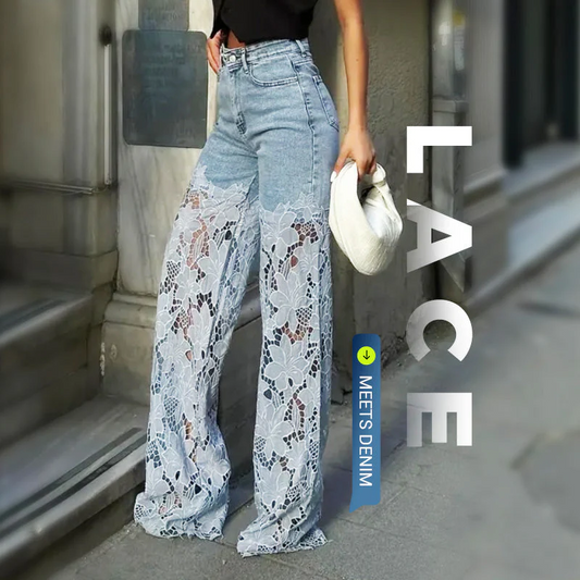 ⏳Time-limited Special⏰High Waisted Lace Splicing Jeans