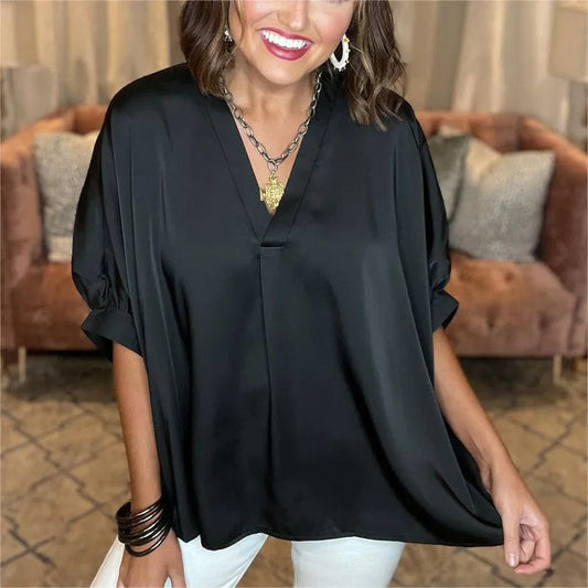 Women's Classic Silky Satin V-neck Short-sleeve Blouse