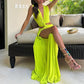 V-Neck Waist Cutout Pleated Slit Long Dress（50% OFF）