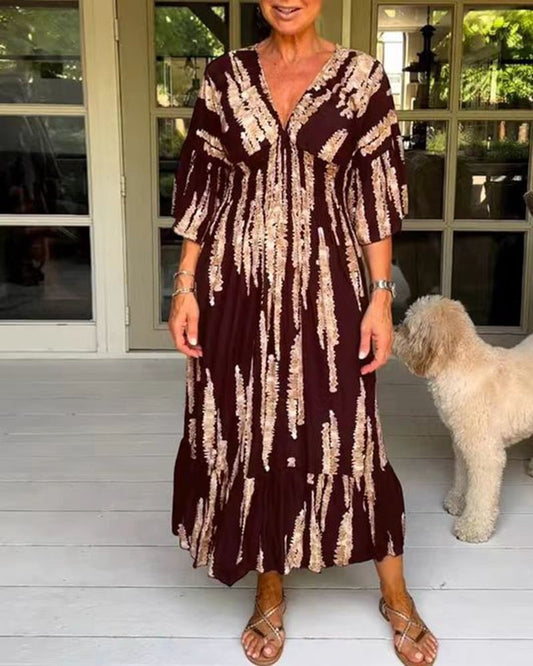 Casual Print V-Neck Waist Wrap Long Dress