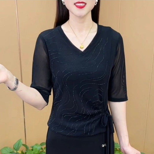 Women's Elegant V-Neck Sheer Sleeve Blouse