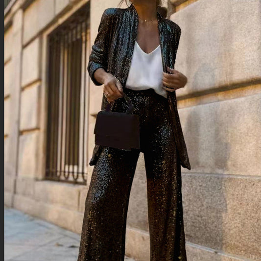 Sequin Open Front Top Wide Leg Pants Set（50% OFF）