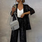Sequin Open Front Top Wide Leg Pants Set（50% OFF）