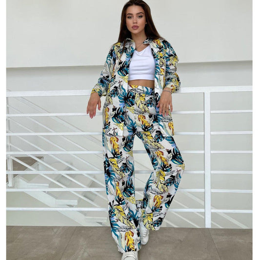 Casual Floral Shirt Wide Leg Pants Set