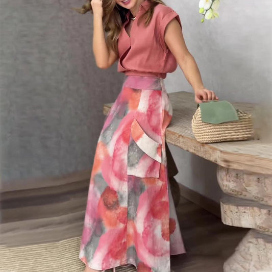 Women’s Elegant Casual Lapel V-neck Top and Skirt 2-piece Set