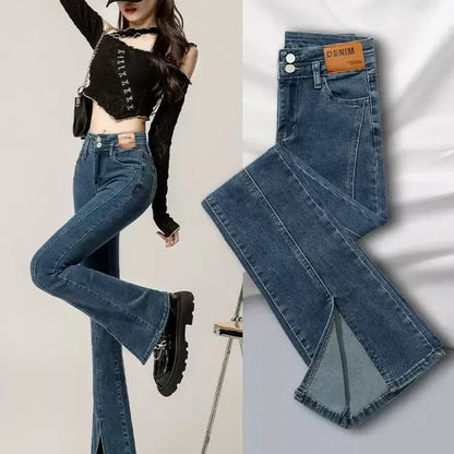 High-Waisted Flared Denim Jeans with Split Hem（50% OFF）