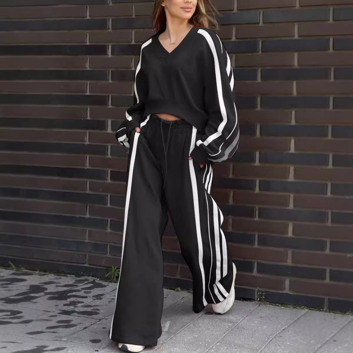 💖Limited Sale 50% OFF💖V-Neck Sweatshirt & Wide-Leg Pants 2-Piece Set