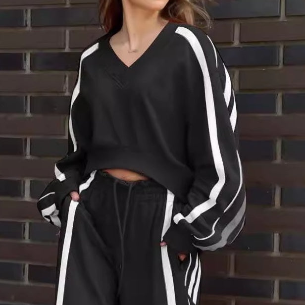 💖Limited Sale 50% OFF💖V-Neck Sweatshirt & Wide-Leg Pants 2-Piece Set