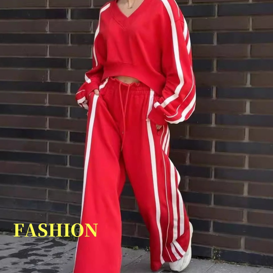 💖Limited Sale 50% OFF💖V-Neck Sweatshirt & Wide-Leg Pants 2-Piece Set