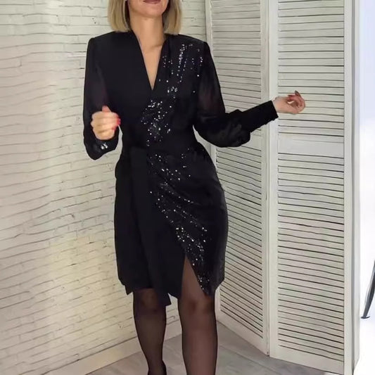 Women's V-neck Sequin Split Dress