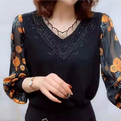 V-Neck Lace Trim Floral Sheer Sleeves Top（50% OFF）