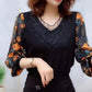 V-Neck Lace Trim Floral Sheer Sleeves Top（50% OFF）