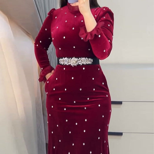 🔥Hot Sale🔥Women's Rhinestone Dress with Ruched Ruffle Hem（50% OFF）