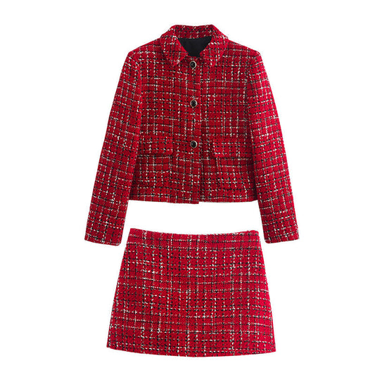 Warm Plaid Blazer and High-Waisted Skort 2 PCS Set（50% OFF）