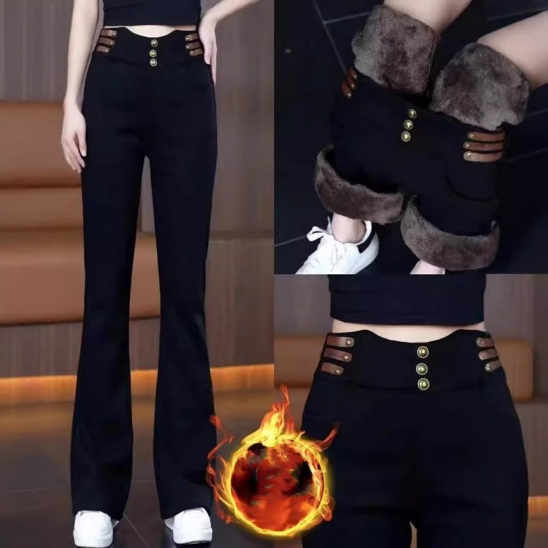 Women's High-Waisted Flared Pants with Plush Lining