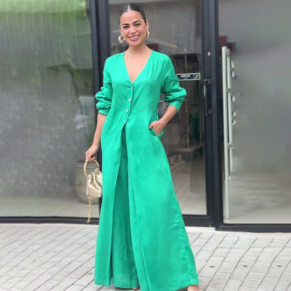 Women's Solid Color V-Neck Button-Up Jumpsuit