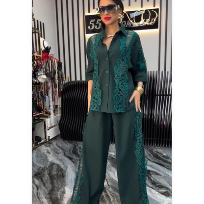 Chic Lace Patchwork Shirt & Wide-Leg Pants 2-PCS Set