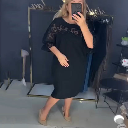 Women’s Elegant Black Midi Dress with Sheer Lace Panel