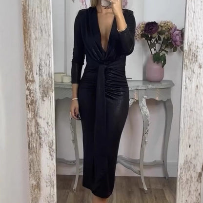 Women’s Metallic Long-Sleeve Tie-Up V-Neck Bodycon Dress