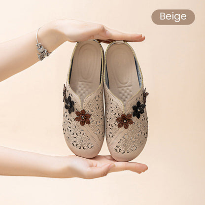 Women's Elegant PU Leather Slide Sandals with Floral Design