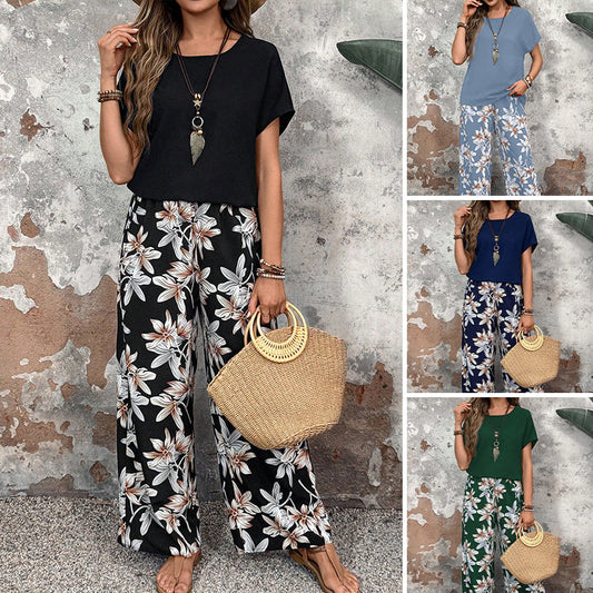 🌸Summer Specials🌸Women's Casual Floral Print Wide Leg Trousers and Short Sleeve Top Set