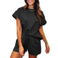 Women's Solid Textured Casual Short Sleeve Top Drawstring Shorts Set✨