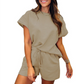 Women's Solid Textured Casual Short Sleeve Top Drawstring Shorts Set✨