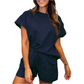 Women's Solid Textured Casual Short Sleeve Top Drawstring Shorts Set✨