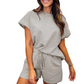 Women's Solid Textured Casual Short Sleeve Top Drawstring Shorts Set✨