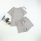 Women's Solid Textured Casual Short Sleeve Top Drawstring Shorts Set✨