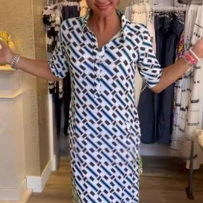 🌟Shirt Collar Geometric Pattern Short-Sleeve Dress