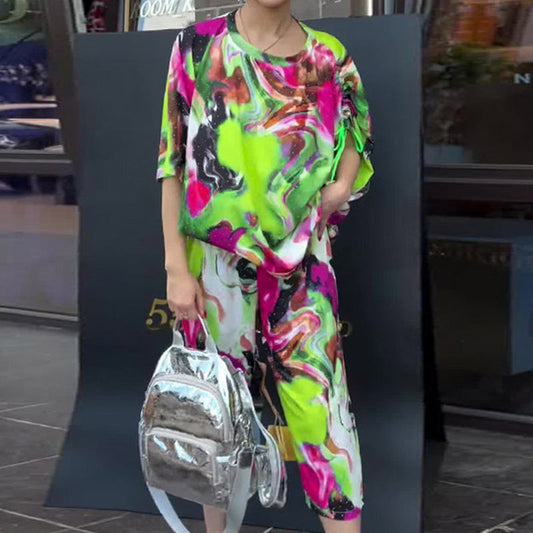  Tie-Dye Print Loose Short-Sleeve and Capri Pants Set