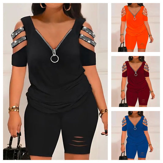 ⏳Time-limited Special⏰V-Neck Zipper Top & Shorts Set