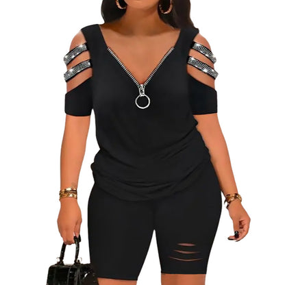 ⏳Time-limited Special⏰V-Neck Zipper Top & Shorts Set
