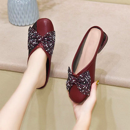 Leather Flat Sole Bow Mules Slippers