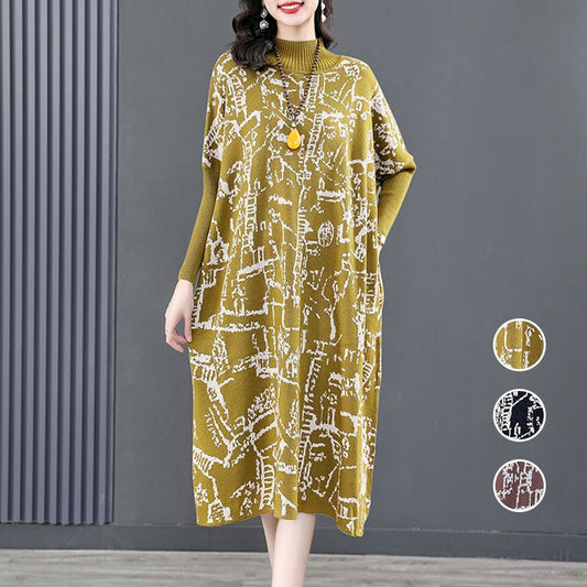 Long-sleeved Semi-turtleneck Loose Printed Knit Dress