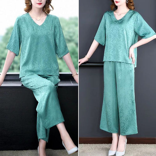 Women's Noble Elegant Short-sleeve Wide-leg Pants 2-piece Set