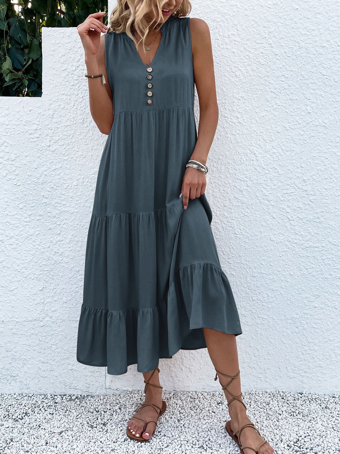 Button Detail Layered Hem Smock Dress（50% OFF）