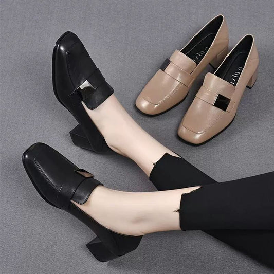 2023 new square head temperament thick heel deep mouth single shoes
