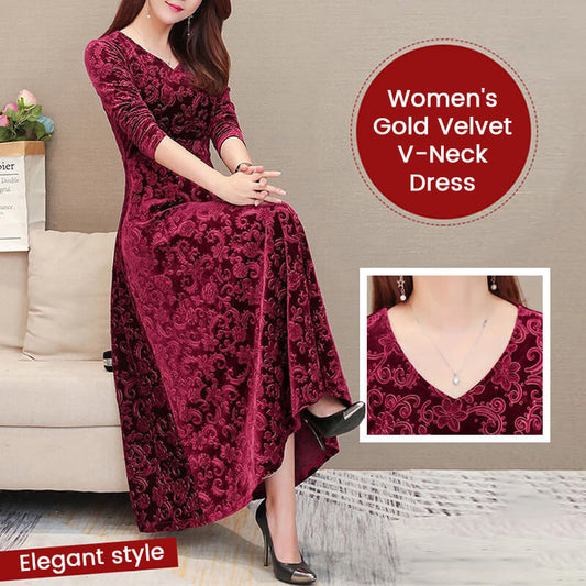 Women's Velour Style V-Neck Dress