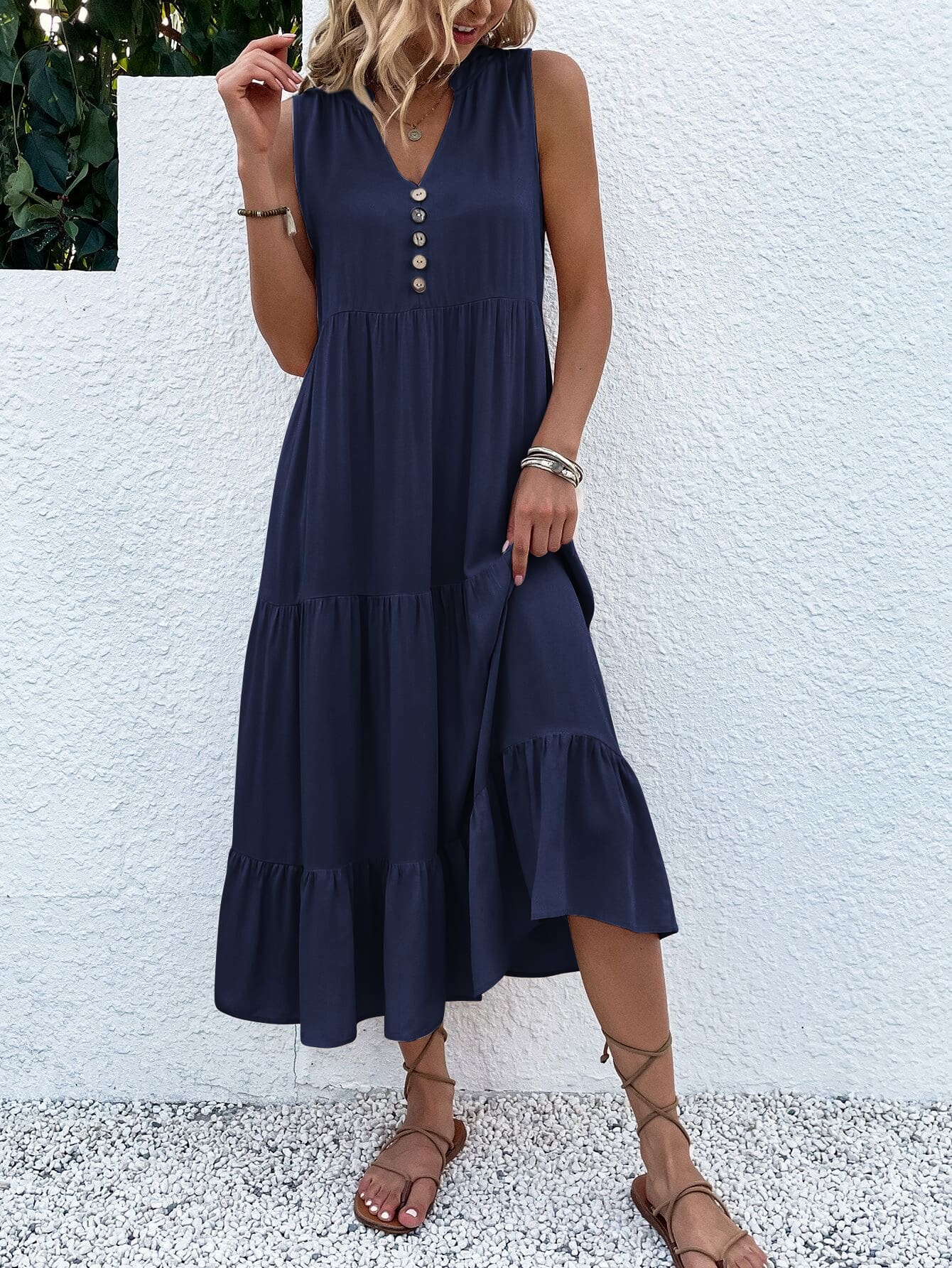 Button Detail Layered Hem Smock Dress（50% OFF）