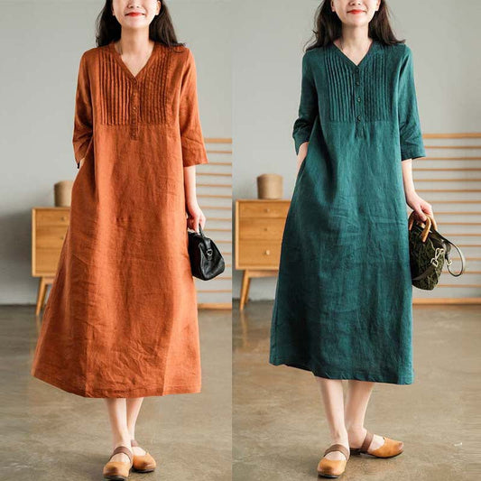 [Gift For Her] Women's Cotton Linen V-Neck Half Sleeve Dress