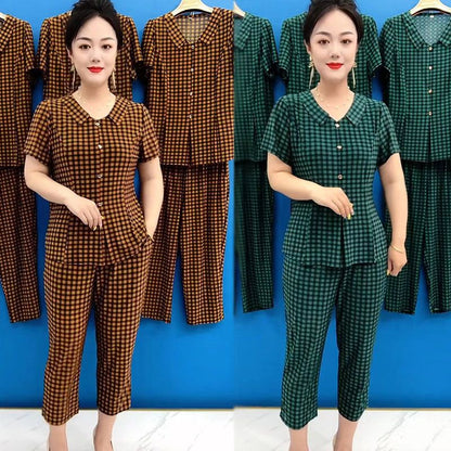 💐Women's Cooling Plaid Top & Pants 2-Piece Set（50% OFF）